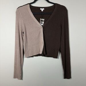 NWOT Garage XLarge‎ Brown Tan Ribbed Cropped VNeck Button Up Long Sleeve Shirt